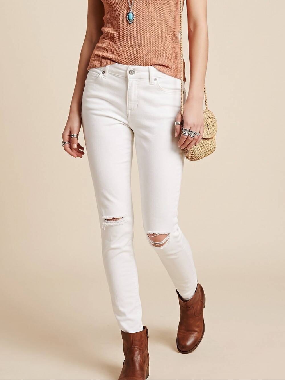 Free People White Skinny Jeans Size 27 Distressed Stretch